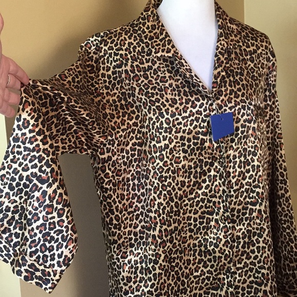 BED OF ROSES Size 2X Leopard SleepShirt SATIN Button-front Cotton POCKET $59 NEW - Picture 2 of 8